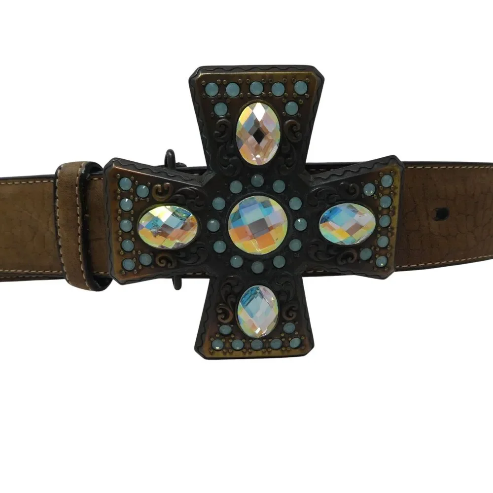 Nocona Brown Croco Print Leather Belt Cross Crystal‎ Buckle Womens Large